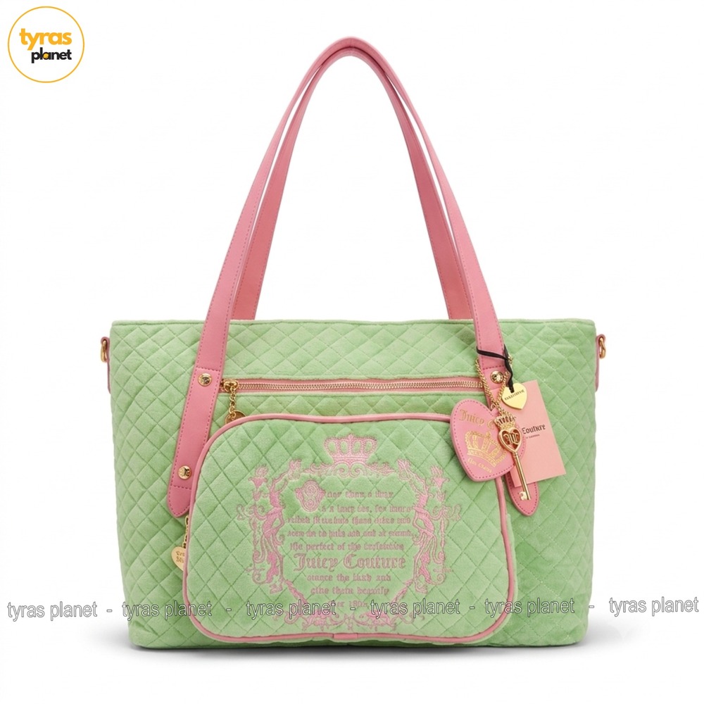 Juicy Couture Juicy Tale Weekender Diamond Quilted Bag Green Pink Retro Velour